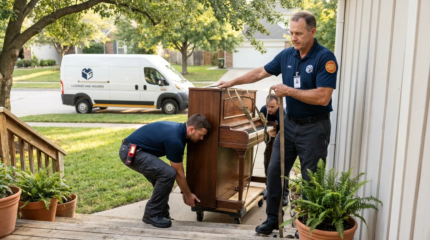Licensed piano movers securing grand piano in Moraga, CA