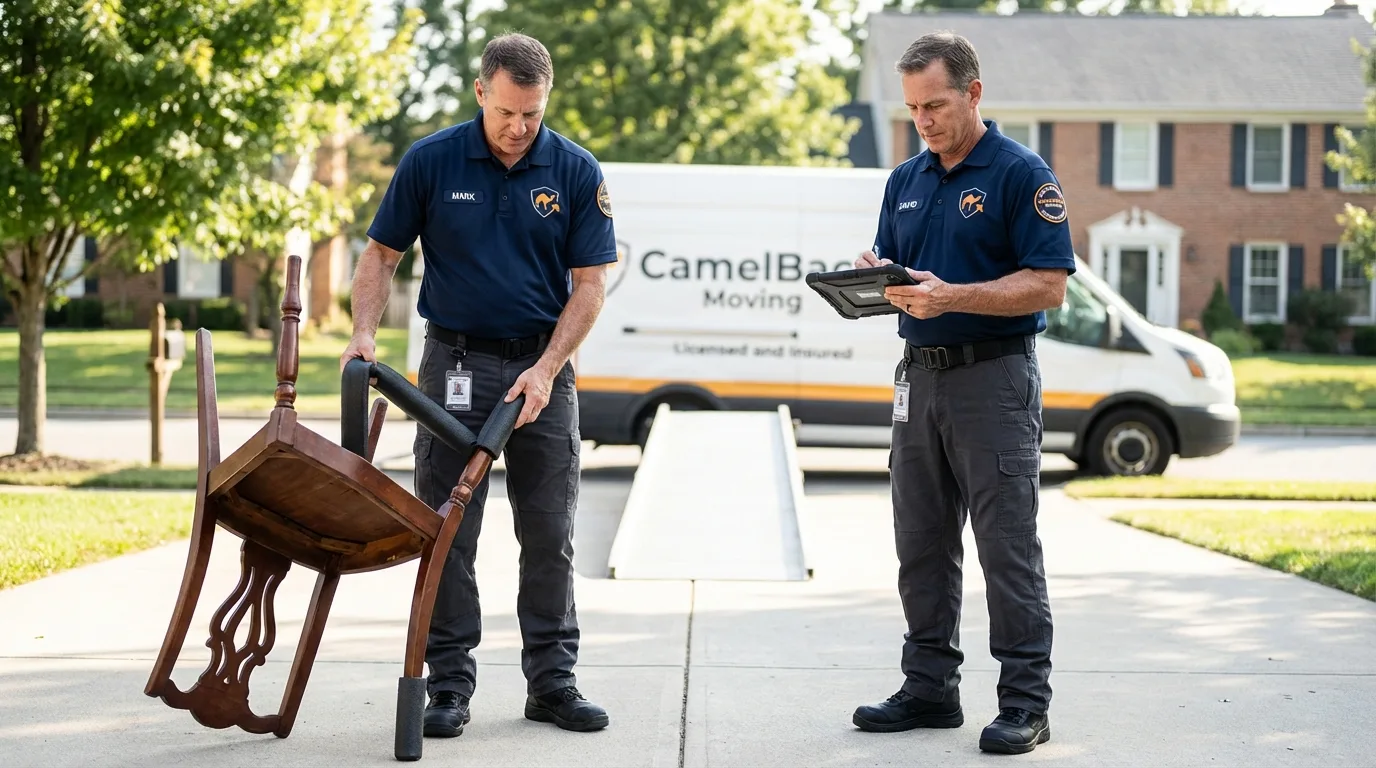 Movers inspecting furniture for damage prevention before loading in Moraga, CA