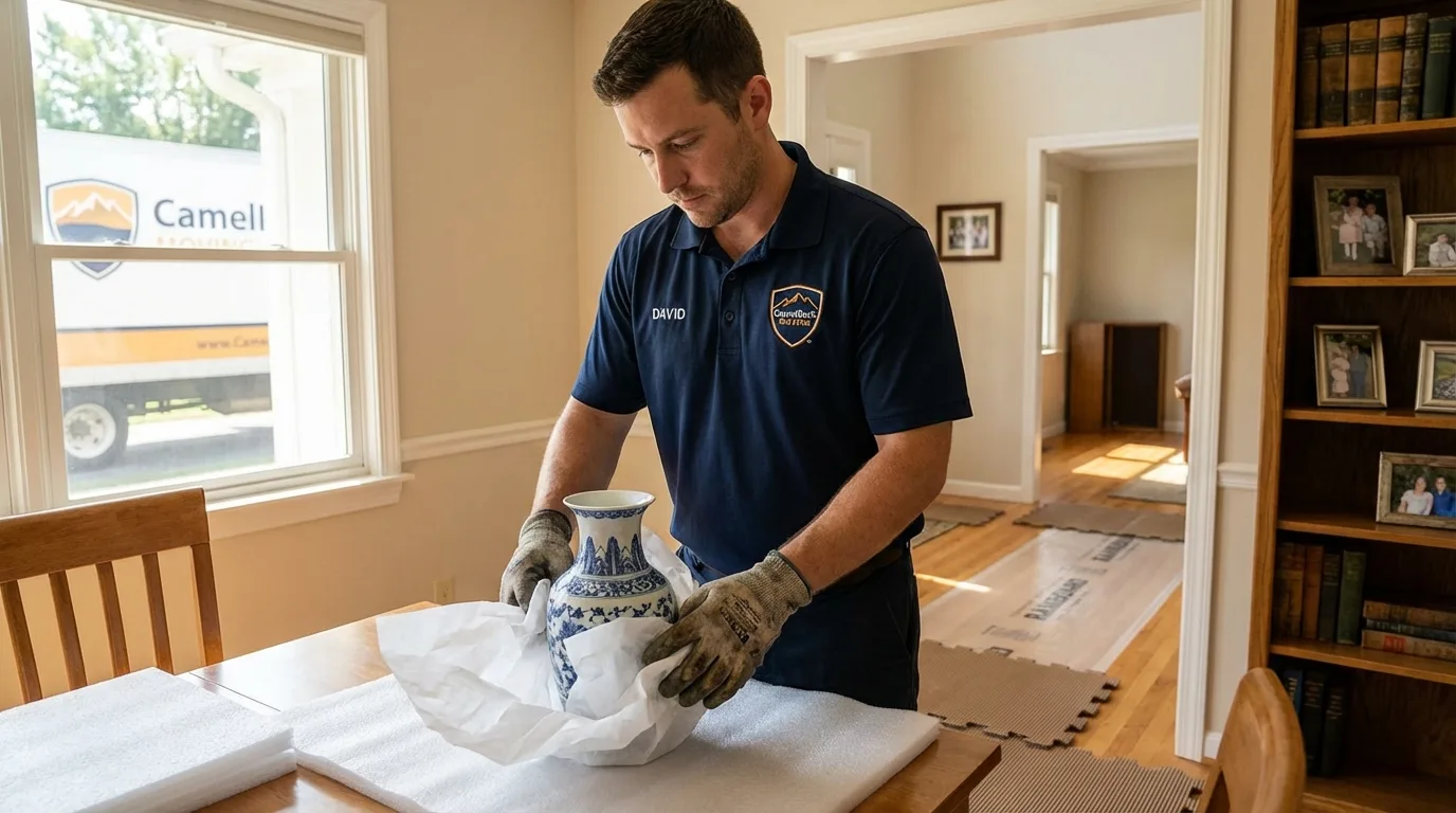 Professional crew carefully wrapping antique vase for senior downsizing move in Moraga, CA